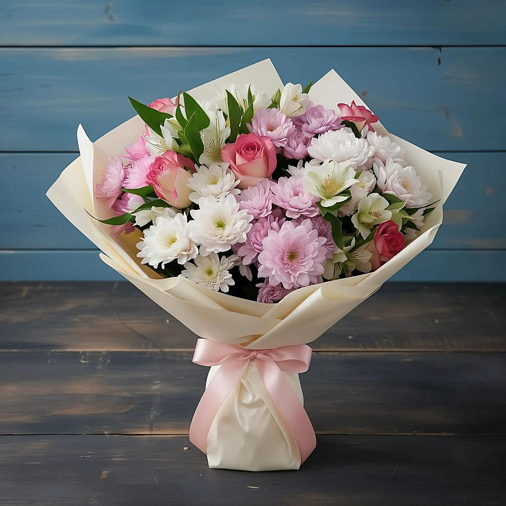 Букет цветов из: Хризантемы, Альстромерии и Розы в Переясловской